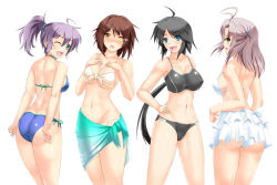 Rule 34 | 10s, 4girls, ahoge, aoba (kancolle), aqua eyes, arm behind back, arms behind back, ass, back, bare shoulders, bikini, black bikini, black hair, breasts, brown hair, collarbone, covered erect nipples, frilled bikini, frills, furutaka (kancolle), glowing, glowing eye, green eyes, hair ornament, hairclip, hand on own hip, hands on own chest, heterochromia, kako (kancolle), kantai collection, kinugasa (kancolle), large breasts, long hair, looking at viewer, messy hair, multiple girls, navel, one eye closed, open mouth, parted bangs, pink hair, ponytail, purple hair, remodel (kantai collection), rokushiru (muzai-p), scrunchie, short hair, simple background, smile, swimsuit, tsurime, white background, yellow eyes