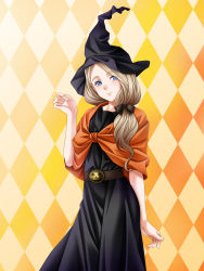 Rule 34 | 1girl, absurdres, belt, blonde hair, blue eyes, bow, closed mouth, fire emblem, fire emblem: three houses, hair bow, halloween costume, hat, highres, long hair, low ponytail, mercedes von martritz, nintendo, simple background, smile, solo, tamamon, witch hat
