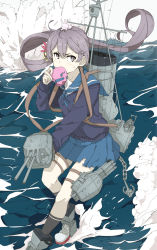 Rule 34 | 10s, 1girl, akebono (kancolle), anchor, animal, animal on head, bell, black socks, blue skirt, box, candy, cardigan, chocolate, chocolate heart, covering own mouth, flower, foam, food, gift, hair bell, hair flower, hair ornament, heart, heart-shaped box, jingle bell, kantai collection, kneehighs, machinery, neckerchief, ninimo nimo, ocean, on head, pleated skirt, purple eyes, purple hair, rabbit, rabbit on head, sailor collar, school uniform, serafuku, side ponytail, skirt, socks, solo, standing, standing on liquid, torn clothes, torn skirt, turret, valentine, waves
