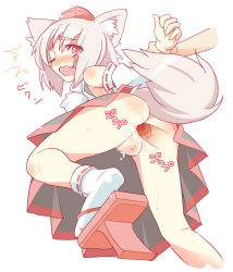Rule 34 | 1girl, anal, animal ears, anus, arm grab, arm held back, blush, censored, detached sleeves, doggystyle, from behind, geta, hat, inubashiri momiji, invisible penis, legs, no panties, open mouth, penis, pussy, red eyes, sex, sex from behind, short hair, silver hair, solo, soratobu zippo, sweat, tail, tengu-geta, tokin hat, touhou, wince, wolf ears, wolf tail