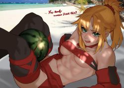 Rule 34 | 1girl, arm support, bandeau, beach, black thighhighs, blush, breasts, commentary, english commentary, english text, fate/grand order, fate (series), food, fruit, green eyes, groin, hair ornament, hair scrunchie, highres, hong doo, medium breasts, mordred (fate), navel, outdoors, ponytail, red scrunchie, scrunchie, solo, sweatdrop, teeth, thighhighs, thighs, tongue, upper teeth only, watermelon