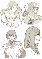 Rule 34 | 2boys, 3girls, bad id, bad pixiv id, breastless clothes, breasts, dildo, glasgow smile, helmet, kusagami style, large breasts, lips, long hair, looking at viewer, majin kewpie, monochrome, multiple boys, multiple girls, nipples, original, scar, sex toy, short hair, simple background, sketch, stitches, topless, what, white background