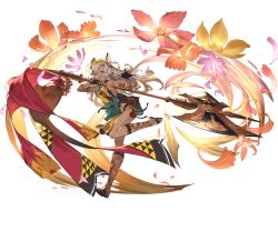 Rule 34 | 10s, 1girl, animal ears, aqua eyes, axe, bag, bare shoulders, dark skin, dark-skinned female, erune, feathers, flower, full body, gloves, granblue fantasy, grey hair, hair ornament, holding, holding weapon, huge weapon, long hair, looking at viewer, minaba hideo, nemone, official art, pelvic curtain, petals, sandals, smile, solo, thighhighs, transparent background, weapon