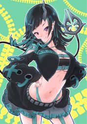 Rule 34 | 1girl, nanashi inc., absurdres, alternate breast size, alternate eye color, belt, belt bra, black hair, black jacket, black skirt, blue belt, blue hair, blue panties, blush, breasts, chest belt, cleavage, closed mouth, clothing cutout, commentary request, cowboy shot, cropped jacket, cross-laced clothes, cross-laced sleeves, demon girl, demon horns, demon tail, fang, fang out, garter straps, green background, grey skirt, highleg, highleg panties, highres, horns, jacket, large breasts, layered skirt, long hair, long sleeves, looking at viewer, midriff, multicolored hair, navel, open clothes, open jacket, outline, panties, pointy ears, purple eyes, shishio chris, shoulder cutout, skirt, smile, solo, sugar lyric, tail, two-tone hair, underwear, virtual youtuber, white outline, zico, zipper, zipper skirt