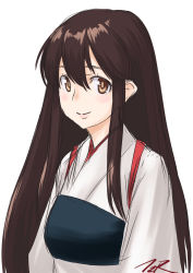 Rule 34 | 1girl, akagi (kancolle), artist name, brown eyes, brown hair, commentary request, highres, japanese clothes, kantai collection, long hair, muneate, simple background, smile, solo, straight hair, t2r, tasuki, upper body, white background