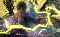 Rule 34 | 10s, 1boy, black gloves, brown hair, closed mouth, collarbone, dark skin, dragon, gloves, glowing, glowing eyes, hair over one eye, lightning, male focus, military uniform, multicolored hair, necklace, ookurikara, open clothes, open jacket, personification, red hair, solo, tattoo, touken ranbu, upper body, yamakawa umi, yellow eyes
