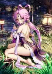 Rule 34 | ass, back, backless outfit, bare shoulders, barefoot, blush, bow-shaped hair, candle, cloud, cloudy sky, detached sleeves, feet, fii fii (feefeeowo), flower, forehead jewel, from behind, fu xuan (honkai: star rail), grass, hair ornament, hairpin, highres, honkai: star rail, honkai (series), lake, lantern, light particles, long hair, looking at viewer, looking back, night, night sky, parted lips, pink hair, signature, sitting, sky, soles, star (sky), starry sky, stone lantern, thighs, tree, wariza, water, wooden lantern, yellow eyes