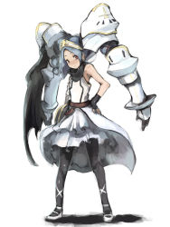 Rule 34 | 1girl, armor, bare shoulders, black cape, borrowed character, cape, closed mouth, dress, eyes visible through hair, fingerless gloves, frills, gauntlets, gloves, grey hair, hand on own hip, kasa (hitori sanka), living hair, long hair, original, pauldrons, shoulder armor, simple background, solo, standing, torn, torn clothes, twintails, vambraces, white background, white dress, white footwear