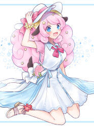 1girl :d animal_ears blue_eyes bow bowtie brown_footwear dress flower fluffy_hair full_body hair_ornament hand_on_headwear hand_up hat highres horns long_hair mikan_tabetai moa_(show_by_rock!!) open_mouth pink_bow pink_bowtie pink_flower pink_hair pink_rose pink_shirt rose sandals scrunchie sheep_ears sheep_girl sheep_horns sheep_tail shirt show_by_rock!! simple_background sitting smile solo star_(symbol) star_hair_ornament sun_hat tail wariza white_background white_dress white_hat wrist_scrunchie