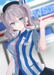 Rule 34 | 1girl, absurdres, beret, blue eyes, breasts, closed mouth, employee uniform, grey hair, hat, highres, kantai collection, kashima (kancolle), large breasts, lawson, long hair, name tag, shirt, sidelocks, smile, solo, striped clothes, striped shirt, twintails, uniform, vertical-striped clothes, vertical-striped shirt, wavy hair, yoshino (mfmfpng)