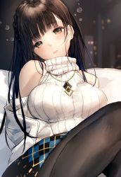 Rule 34 | 1girl, black hair, black pantyhose, blue skirt, blush, braid, breasts, character request, commentary request, copyright request, detached sleeves, head tilt, highres, jewelry, large breasts, necklace, off shoulder, pantyhose, plaid, plaid skirt, ribbed sweater, side braid, skirt, sleepy, sleeveless, sleeveless turtleneck, solo, sweater, takeashiro, turtleneck, white sweater, yellow eyes