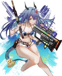 Rule 34 | 1girl, arknights, bikini, bikini under clothes, blue bikini, blue hair, breasts, ch&#039;en (arknights), ch&#039;en the holungday (arknights), cleavage, cropped legs, dragon girl, dragon horns, dragon tail, dual wielding, flower, fur-tipped tail, gun, hair between eyes, hair flower, hair ornament, highres, holding, holding gun, holding weapon, horns, long hair, medium breasts, micro shorts, official alternate costume, photoshop (medium), red eyes, red flower, rubber duck, shorts, simple background, solo, swimsuit, tail, water gun, weapon, wen54, white background, white shorts
