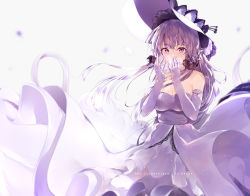 Rule 34 | 1girl, azur lane, bad id, bad pixiv id, blush, breasts, collarbone, dress, elbow gloves, floating hair, gloves, hair between eyes, hat, highres, hplay, illustrious (azur lane), long hair, looking at viewer, low twintails, purple eyes, purple hair, signature, silver hair, simple background, solo, standing, twintails, white background, white dress, wind