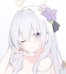 Rule 34 | 1girl, azusa (blue archive), blue archive, closed mouth, collarbone, commentary request, completely nude, flower, grey hair, hair between eyes, hair flower, hair ornament, halo, hand up, highres, jyt, long hair, looking at viewer, nude, one eye closed, pink flower, purple eyes, purple flower, simple background, solo, upper body, white background