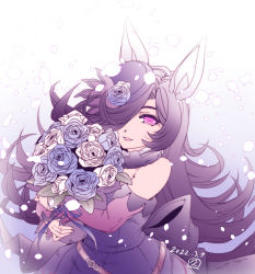 Rule 34 | 1girl, 2022, animal ears, blue hat, bouquet, commentary request, dated, detached sleeves, dress, flower, fur scarf, hair flower, hair ornament, hair over one eye, hat, highres, hisahiko, holding, holding bouquet, horse ears, horse girl, long hair, looking at viewer, open mouth, petals, purple eyes, purple hair, rice shower (umamusume), rose, signature, smile, solo, strapless, strapless dress, swept bangs, umamusume, upper body