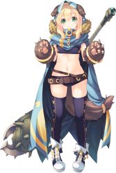 Rule 34 | 1girl, animal ears, animal hands, aquaplus, belt, blonde hair, chain, club (weapon), dungeon travelers 2, duplicate, erthuricia vitor de ritzhevin, full body, fur trim, gloves, green eyes, highres, hood, huge weapon, kokonoka, official art, paw gloves, smile, solo, tail, thighhighs, transparent background, weapon
