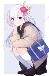 Rule 34 | 1girl, alternate costume, azur lane, bag, bell, blue eyes, blue skirt, brown footwear, cardigan, commentary request, flower, from side, hair flower, hair ornament, hand on own cheek, hand on own face, heart, heart of string, highres, ieufg, kneehighs, loafers, long hair, long sleeves, looking at viewer, pleated skirt, sailor collar, school bag, school uniform, shoes, shoukaku (azur lane), simple background, sitting, skirt, smile, socks, solo, squatting, white hair, white socks