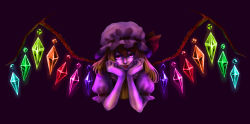 Rule 34 | 1girl, :p, bad id, bad pixiv id, black background, crystal, fangs, female focus, flandre scarlet, glowing, hat, looking at viewer, puffy sleeves, purple background, short sleeves, simple background, solo, tongue, tongue out, touhou, upper body, wanko (freelife), wings