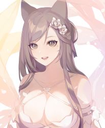Rule 34 | 1girl, :d, animal ears, bad id, bad pixiv id, bare shoulders, blush, breasts, brown eyes, brown hair, cat ears, cat girl, cleavage, collarbone, commentary, criss-cross halter, english commentary, halterneck, highres, large breasts, long hair, looking at viewer, mole, mole under eye, open mouth, original, petals, round teeth, saibe, sidelocks, simple background, smile, swept bangs, teeth, upper body, upper teeth only, white background