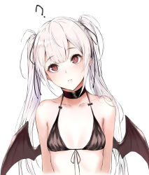Rule 34 | 1girl, :&lt;, ?, bad id, bad pixiv id, bare shoulders, bikini, black bikini, black choker, black ribbon, black wings, blush, breasts, choker, closed mouth, collarbone, commentary request, demon girl, demon wings, fang, fang out, front-tie bikini top, front-tie top, head tilt, highres, hong jo, long hair, original, red eyes, ribbon, silver hair, simple background, slit pupils, small breasts, solo, swimsuit, twintails, upper body, very long hair, white background, wings