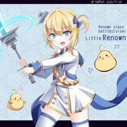 Rule 34 | 1girl, ahoge, anchor necklace, azur lane, bird, blonde hair, blue bow, blue eyes, blue ribbon, bow, character name, chick, coat dress, collared dress, commentary request, cowboy shot, dated, dress, english text, gold trim, hair between eyes, hair bow, hair ornament, hebitsukai-san, highres, holding, holding sword, holding weapon, jewelry, letterboxed, little renown (azur lane), long sleeves, looking at viewer, manjuu (azur lane), military, military uniform, necklace, one side up, open mouth, patterned background, revision, ribbon, short hair, sidelocks, solo focus, standing, sword, thighhighs, twitter username, two-handed, two side up, uniform, weapon, white dress, white thighhighs, zettai ryouiki