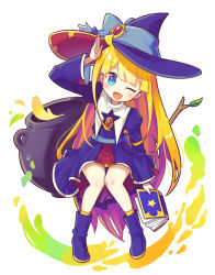 Rule 34 | 1girl, absurdres, arm up, black hat, blonde hair, blue eyes, blue footwear, blush, book, boots, cauldron, full body, hat, highres, holding, holding book, long hair, long sleeves, looking at viewer, offbeat, one eye closed, open mouth, puyopuyo, smile, solo, witch (puyopuyo), witch hat