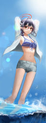Rule 34 | 1girl, absurdres, arms up, ayane (blue archive), ayane (swimsuit) (blue archive), bare legs, bikini, bikini top only, black hair, blue archive, blue bikini, blue sky, breasts, cleavage, closed mouth, collarbone, denim, denim shorts, elf, front-tie bikini top, front-tie top, glasses, grey shorts, hair intakes, hair ornament, halo, highres, incredibly absurdres, jacket, kapo, lens flare, long sleeves, looking at viewer, medium breasts, medium hair, open clothes, open jacket, pointy ears, red-framed eyewear, shiny skin, short shorts, shorts, sideboob, sky, soaking feet, solo, striped bikini, striped clothes, summer, sunlight, swimsuit, white jacket, yellow eyes