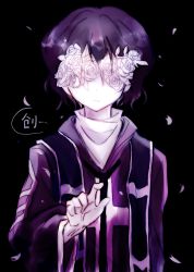 Rule 34 | 1boy, absurdres, black background, chinese commentary, chinese text, commentary request, covered eyes, dice156, falling petals, flower, hand up, highres, hood, hood down, hooded robe, male focus, petals, purple hair, purple robe, reaching, reaching towards viewer, robe, rose, saibou shinkyoku, shirt, short hair, solo, stole, translation request, upper body, utsugi noriyuki, white flower, white rose, white shirt
