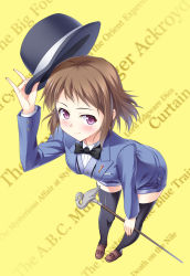 Rule 34 | 1girl, brown hair, cane, cosplay, foreshortening, from above, fukadou magorona, full body, hat, hat lift, unworn hat, hat tip, unworn headwear, hercule poirot, hercule poirot (cosplay), hyouka, ibara mayaka, loafers, perspective, purple eyes, shoes, short hair, shorts, simple background, solo, thighhighs, yellow background