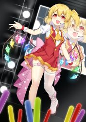 Rule 34 | 1girl, :d, adapted costume, akasaka sato, ascot, asymmetrical legwear, back bow, blonde hair, blush, boots, bow, collared shirt, commentary, concert, crystal, dutch angle, fang, flandre scarlet, frilled wrist cuffs, frills, full body, glowstick, hair between eyes, hair ornament, happy, headset, heart-shaped ornament, highres, idol, idol clothes, looking at viewer, medium hair, miniskirt, mismatched legwear, no headwear, one side up, open mouth, outstretched arms, paid reward available, pink bow, pleated skirt, puffy short sleeves, puffy sleeves, red eyes, red skirt, red vest, shiny skin, shirt, short sleeves, single thighhigh, skindentation, skirt, slit pupils, smile, solo, stage, standing, star (symbol), star hair ornament, television, thigh strap, thighhighs, thighs, tongue, touhou, vest, white footwear, white shirt, white thighhighs, wings, wrist cuffs, yellow ascot, zettai ryouiki