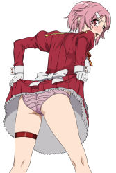 Rule 34 | 10s, 1girl, ass, blush, clothes lift, crotch seam, dress, dress lift, freckles, from behind, gloves, hair ornament, hairclip, highres, kneepits, lifting own clothes, lisbeth (sao), looking at viewer, looking back, matching hair/eyes, open mouth, panties, pink eyes, pink hair, pink panties, red dress, revision, shichimenchou, short hair, simple background, solo, sword art online, tearing up, tears, thigh strap, turning head, underwear, white background, white gloves