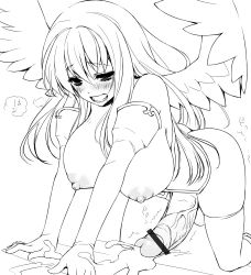 Rule 34 | 1girl, all fours, angel, blush, breasts, censored, cum, ejaculation, elbow gloves, futanari, gloves, handsfree ejaculation, has uncensored version, large breasts, long hair, mofuringu, monochrome, open mouth, penis, saliva, solo, testicles, thighhighs, topless, wings