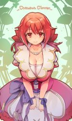 Rule 34 | 1girl, bead necklace, beads, blue bow, bow, breasts, dress, flower knight girl, freckles, highres, jewelry, large breasts, long hair, looking at viewer, mg kurino, necklace, red eyes, red hair, shiny skin, smile, solo, strawberry candle (flower knight girl), twintails, waist bow