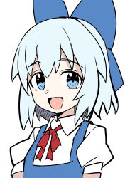 Rule 34 | 1girl, blue bow, blue dress, blue eyes, blue hair, bow, bowtie, cirno, collared shirt, commentary request, dress, e.o., hair between eyes, highres, looking to the side, no wings, open mouth, puffy short sleeves, puffy sleeves, red bow, red bowtie, shirt, short hair, short sleeves, simple background, smile, solo, touhou, upper body, white background, white shirt