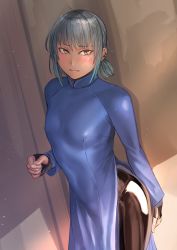 Rule 34 | 1boy, blush, bodysuit, china dress, chinese clothes, dress, earrings, embarrassed, from above, highres, jewelry, kilye kairi, latex, latex bodysuit, looking to the side, male focus, original, side slit, silver hair, skin tight, solo, yellow eyes