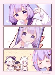 Rule 34 | 3koma, 4girls, :&gt;, :d, = =, arm up, azur lane, bad id, bad pixiv id, belfast (azur lane), beret, black headwear, black scrunchie, blush, breasts, brown hair, cardigan, cellphone, cleavage, closed eyes, closed mouth, comic, covered mouth, elbow gloves, gloves, hair ornament, hair scrunchie, hat, holding, holding phone, illustrious (azur lane), large breasts, long hair, long sleeves, maeha, maid, maid headdress, multiple girls, open mouth, phone, purple eyes, purple hair, scrunchie, selfie, silent comic, sleeves past fingers, sleeves past wrists, smile, sun hat, taking picture, unicorn (long-awaited date) (azur lane), unicorn (azur lane), white cardigan, white gloves, white hair, white headwear, x hair ornament, z23 (azur lane)
