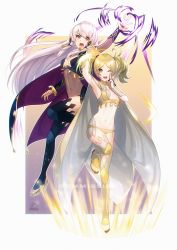Rule 34 | 2girls, acrylicstroke, alternate color, arm up, armpits, artist name, black thighhighs, blonde hair, bodystocking, bodysuit, breasts, bridal gauntlets, cleavage, commission, cosplay, covered navel, dark mage (fire emblem fates), fire emblem, fire emblem: three houses, fire emblem awakening, fire emblem fates, fire emblem heroes, full body, high heels, highres, lissa (fire emblem), long hair, lysithea von ordelia, medium breasts, multiple girls, nintendo, one eye closed, outstretched arm, panties, pink eyes, revealing clothes, signature, small breasts, thighhighs, twintails, underwear, very long hair, white hair, yellow panties