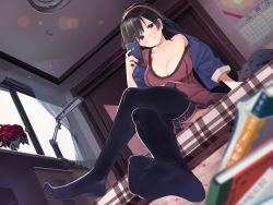 Rule 34 | 10s, 1girl, 2015, arm support, bare shoulders, black hair, black thighhighs, blanket, blue jacket, blurry, blush, bokeh, book, book stack, borrowed character, breasts, calendar (object), ceiling, ceiling light, cellphone, cleavage, closed mouth, collarbone, curvy, depth of field, desk, desk lamp, dress, dutch angle, feet, female focus, flower, fluorescent lamp, foot focus, foreshortening, from below, full body, furukawa itsuse, glass, hairband, head tilt, holding, holding phone, indoors, jacket, lamp, large breasts, long hair, looking at viewer, mattress, no shoes, off shoulder, on bed, original, phone, plaid, red dress, red flower, rose, short dress, sitting, sliding doors, smile, soles, solo, thighhighs, vase, window