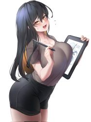 Rule 34 | 1girl, black hair, black shorts, blonde hair, breasts, brown shirt, cleavage, collarbone, colored inner hair, corrupted twitter file, cowboy shot, drawing tablet, flying sweatdrops, hair between eyes, highres, holding, holding drawing tablet, holding stylus, large breasts, long hair, looking at viewer, multicolored hair, nine (kanine41), open mouth, original, shirt, shirt tucked in, short sleeves, shorts, simple background, solo, stylus, tongue, white background, yellow eyes
