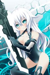 Rule 34 | 10s, 1girl, absurdres, aqua eyes, bare shoulders, between legs, black heart (neptunia), black thighhighs, blue eyes, blush, breasts, cleavage, cleavage cutout, clothing cutout, derivative work, female focus, flipped hair, from side, hair between eyes, halterneck, highres, holding, holding weapon, honeycomb (pattern), honeycomb background, honeycomb pattern, huge filesize, huge weapon, large breasts, leotard, light smile, long hair, looking at viewer, magical girl, neptune (series), noire (neptunia), planeptune, power symbol, power symbol-shaped pupils, smile, solo, sword, symbol-shaped pupils, thighhighs, turtleneck, very long hair, weapon, white hair, wings