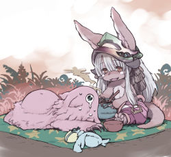 Rule 34 | 10s, 1girl, :3, animal ears, blue eyes, bowl, brown eyes, commentary, creature, crying, crying with eyes open, ears through headwear, fangs, food, full body, furry, hair between eyes, helmet, horizontal pupils, horns, long hair, lying, made in abyss, mat, mitty (made in abyss), nanachi (made in abyss), on stomach, open mouth, pants, pot, sitting, steam, tail, takeda sun, tears, very long hair, white hair
