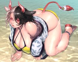 Rule 34 | 1girl, all fours, animal ears, animal print, ass, bare legs, bare shoulders, bikini, black hair, blush, breasts, cleavage, commentary request, covered erect nipples, cow ears, cow horns, cow print, cow tail, criss-cross halter, envenomist (gengoroumaru), hair between eyes, halterneck, hanging breasts, haori, horns, huge breasts, japanese clothes, looking at viewer, multicolored hair, off shoulder, outdoors, parted lips, plump, red eyes, red footwear, sandals, shiny skin, short hair, silver hair, solo, split-color hair, swimsuit, tail, thick arms, thick thighs, thighs, touhou, ushizaki urumi, water, yellow bikini