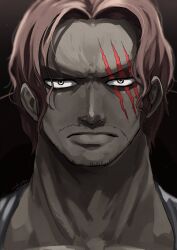 Rule 34 | 1boy, black background, closed mouth, commentary request, facial hair, fujitachobi, highres, looking at viewer, male focus, one piece, portrait, red hair, scar, scar across eye, scar on face, shanks (one piece), short hair, simple background, solo, v-shaped eyebrows