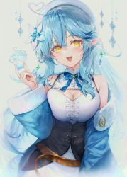 Rule 34 | 1girl, ahoge, bare shoulders, belt, beret, black corset, blouse, blue bow, blue bowtie, blue coat, blue hair, blush, bow, bowtie, braid, breasts, brown belt, center frills, cleavage, cleavage cutout, clothing cutout, coat, colored tips, corset, elf, flower, frilled shirt, frills, fur-trimmed coat, fur trim, hair between eyes, hair flower, hair ornament, half updo, hand up, haoni, hat, head tilt, heart, heart ahoge, highres, hololive, large breasts, leather belt, long hair, looking at viewer, md5 mismatch, multicolored hair, off shoulder, open mouth, pointy ears, resolution mismatch, shirt, sleeveless, sleeveless shirt, smile, snowflake hair ornament, snowflake print, solo, source smaller, streaked hair, underbust, very long hair, virtual youtuber, white hat, white shirt, yellow eyes, yukihana lamy