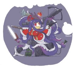 Rule 34 | 1girl, antique firearm, apple, arrow (projectile), asimofu, blunt bangs, blush stickers, border, bow (weapon), breasts, cannon, chainsword, character name, commentary request, crossbow, energy gun, fim-92 stinger, firearm, firelock, flamethrower, flintlock, food, fox mask, fruit, full body, gameplay mechanics, gatling gun, glowing, glowing sword, glowing weapon, gun, hair ribbon, handgun, harpoon, harpoon gun, holding, holding chainsword, holding crossbow, holding gun, holding rocket launcher, holding weapon, jacket, jitome, large breasts, long hair, long sleeves, looking to the side, mask, mask on head, minigun, mon-musu quest!, mon-musu quest: paradox, monster girl, multicolored clothes, multicolored jacket, multiple wielding, notice lines, nuruko, purple background, purple hair, ray gun, red eyes, red jacket, red ribbon, revolver, ribbon, rocket launcher, scarf, scarf over mouth, scylla, simple background, sleeves past fingers, sleeves past wrists, slit pupils, solo, tentacle hair, two-tone jacket, very long hair, weapon, white border, white jacket, wide sleeves, yellow scarf, zipper