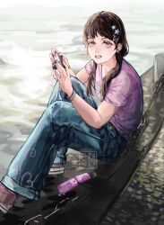 Rule 34 | 1girl, black hair, blue pants, bracelet, camera, cellphone, chain, chainsaw man, commentary, denim, earrings, flip phone, hair ornament, hairclip, highres, holding, holding camera, jeans, jewelry, looking at viewer, mitaka asa, pants, phone, photo-referenced, pink eyes, pink shirt, piro (piropoi), shirt, shoes, sitting, sneakers, solo, star (symbol), star hair ornament, watermark