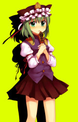 Rule 34 | 1girl, alternate eye color, female focus, green eyes, green hair, hands on own chest, hat, looking at viewer, matching hair/eyes, pleated skirt, rod of remorse, shiki eiki, simple background, skirt, solo, standing, subaru (yachika), touhou