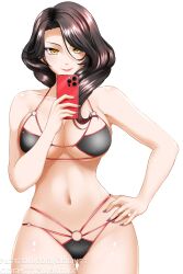 Rule 34 | 1girl, absurdres, armpit crease, bare shoulders, bikini, black bikini, black hair, breasts, cellphone, cinder fall, cleavage, collarbone, cowboy shot, fanbox username, gluteal fold, groin, hair between eyes, hand on own hip, highres, holding, holding phone, kimmy77, large breasts, linea alba, looking at viewer, medium hair, nail polish, navel, o-ring, o-ring bikini, patreon username, phone, purple nails, rwby, selfie, simple background, skindentation, smartphone, smile, solo, standing, stomach, string bikini, swimsuit, taking picture, thigh gap, thighs, white background, yellow eyes