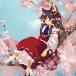 Rule 34 | ascot, black eyes, black hair, blue ascot, blue sky, bright pupils, cherry blossoms, closed mouth, collared shirt, commentary request, day, detached sleeves, flat chest, frilled hair tubes, frilled shirt collar, frills, hair tubes, hakurei reimu, highres, in tree, kaigen 1025, long hair, nontraditional miko, outdoors, petticoat, red skirt, red vest, ribbon-trimmed skirt, ribbon-trimmed sleeves, ribbon trim, shirt, sitting, sitting in tree, skirt, sky, sleeveless, sleeveless shirt, socks, touhou, tree, vest, white pupils, white shirt, white sleeves, white socks, wide sleeves