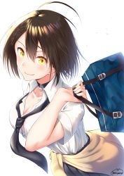 Rule 34 | 1girl, ahoge, alternate costume, azur lane, bag, baltimore (after-school ace) (azur lane), baltimore (azur lane), black choker, black necktie, black skirt, blush, braid, breasts, brown hair, choker, cleavage, closed mouth, clothes around waist, collarbone, collared shirt, commentary request, french braid, hair between eyes, hand up, holding, holding bag, large breasts, looking at viewer, loose necktie, necktie, pleated skirt, school bag, school uniform, shirt, short hair, short sleeves, signature, simple background, skirt, smile, solo, sweater, sweater around waist, white background, white shirt, yellow eyes, yorugami rei